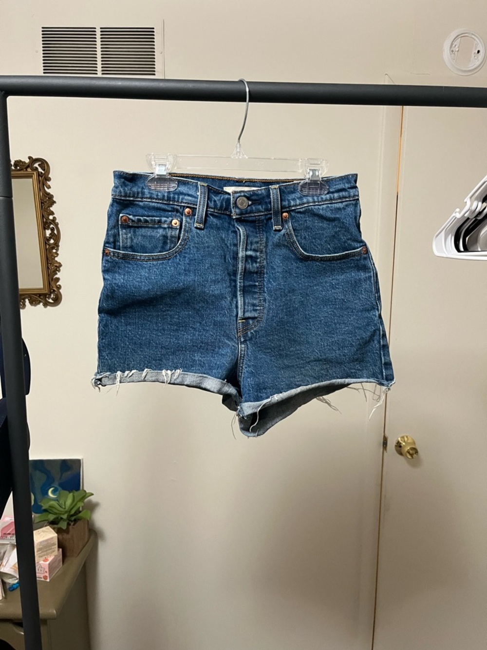 Levi's Dark Blue High-Rise Frayed Denim Shorts